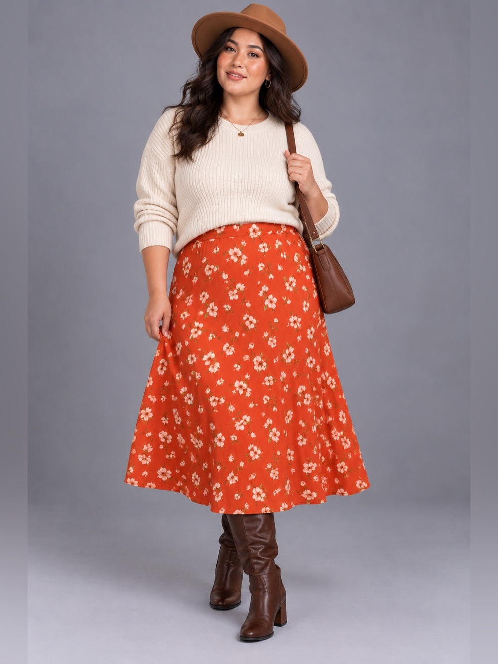 Orange Floral Midi Skirt XL Elastic Waist A Line Fall